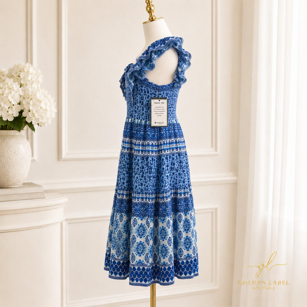 NWT Eliza J 20W Blue White Floral Smocked Midi Dress Sleeveless Pockets - Picture 3 of 8